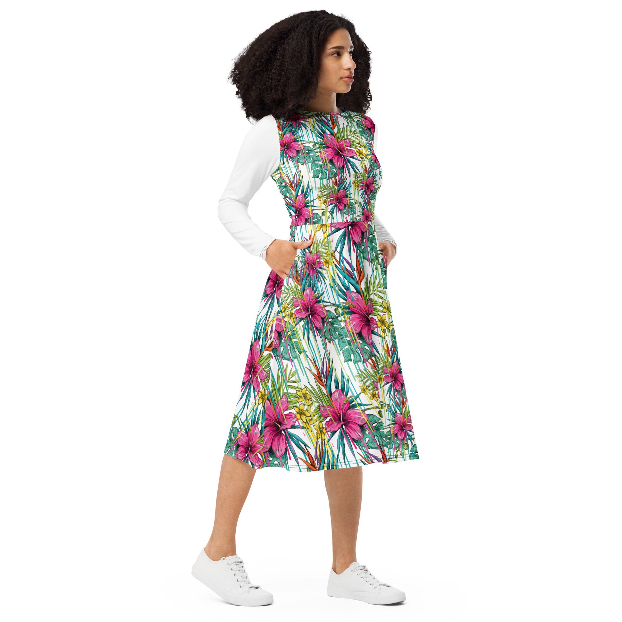 women's midi dress with sleeves All-over print long sleeve midi dress – Shalom Wear