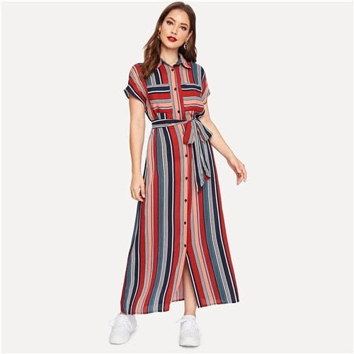 Colorful Striped Belted Hijab Shirt Dress  Women Chic Spring Summer Button Short Sleeve Pocket Autumn Dresses