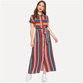 Colorful Striped Belted Hijab Shirt Dress  Women Chic Spring Summer Button Short Sleeve Pocket Autumn Dresses