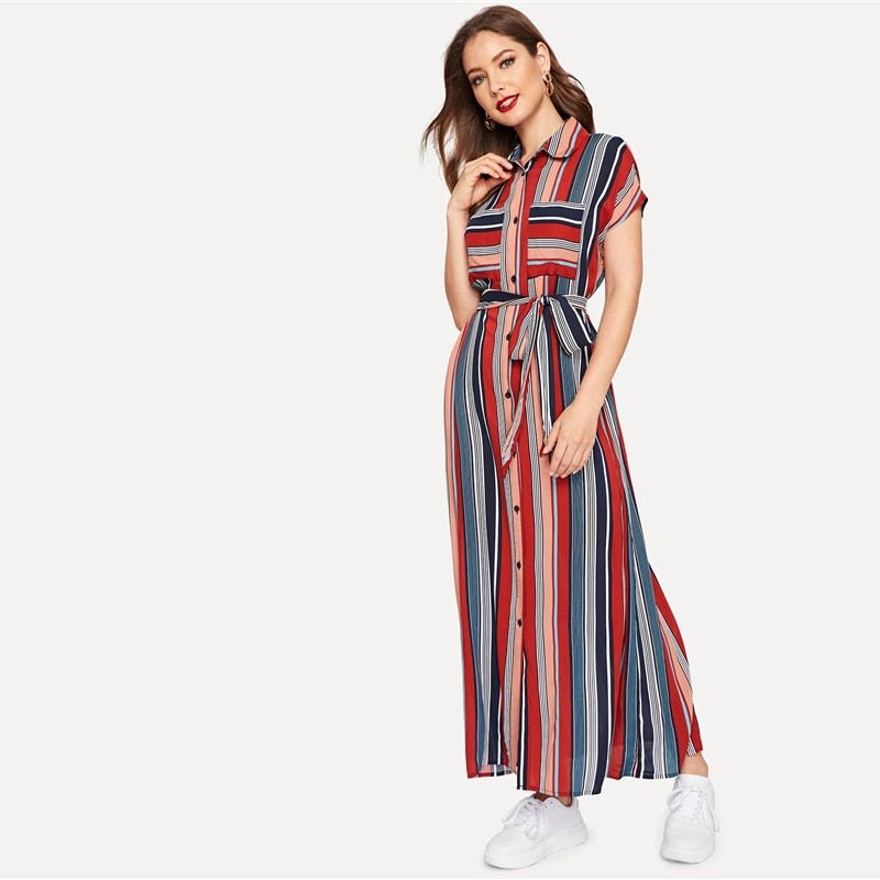 Colorful Striped Belted Hijab Shirt Dress  Women Chic Spring Summer Button Short Sleeve Pocket Autumn Dresses